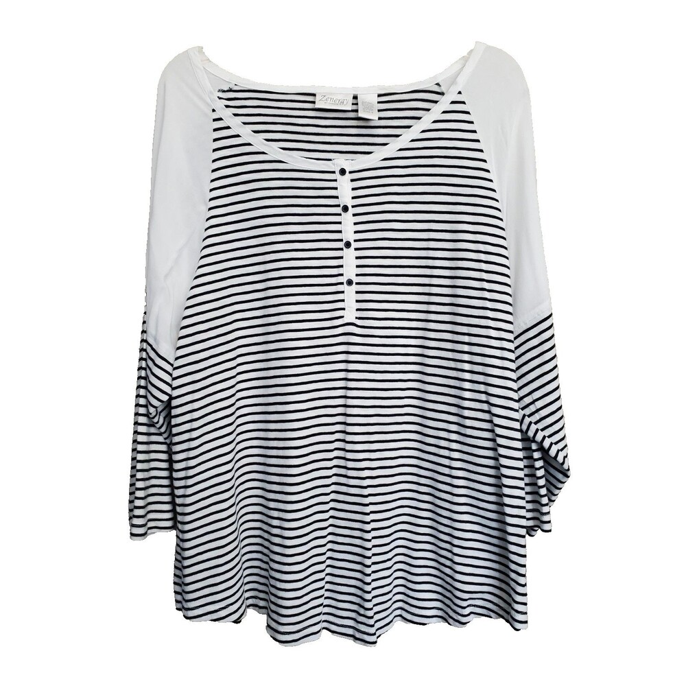 Chico's Zenergy Mixed Media Black Striped Henley Neck Top Size 3 (XL)